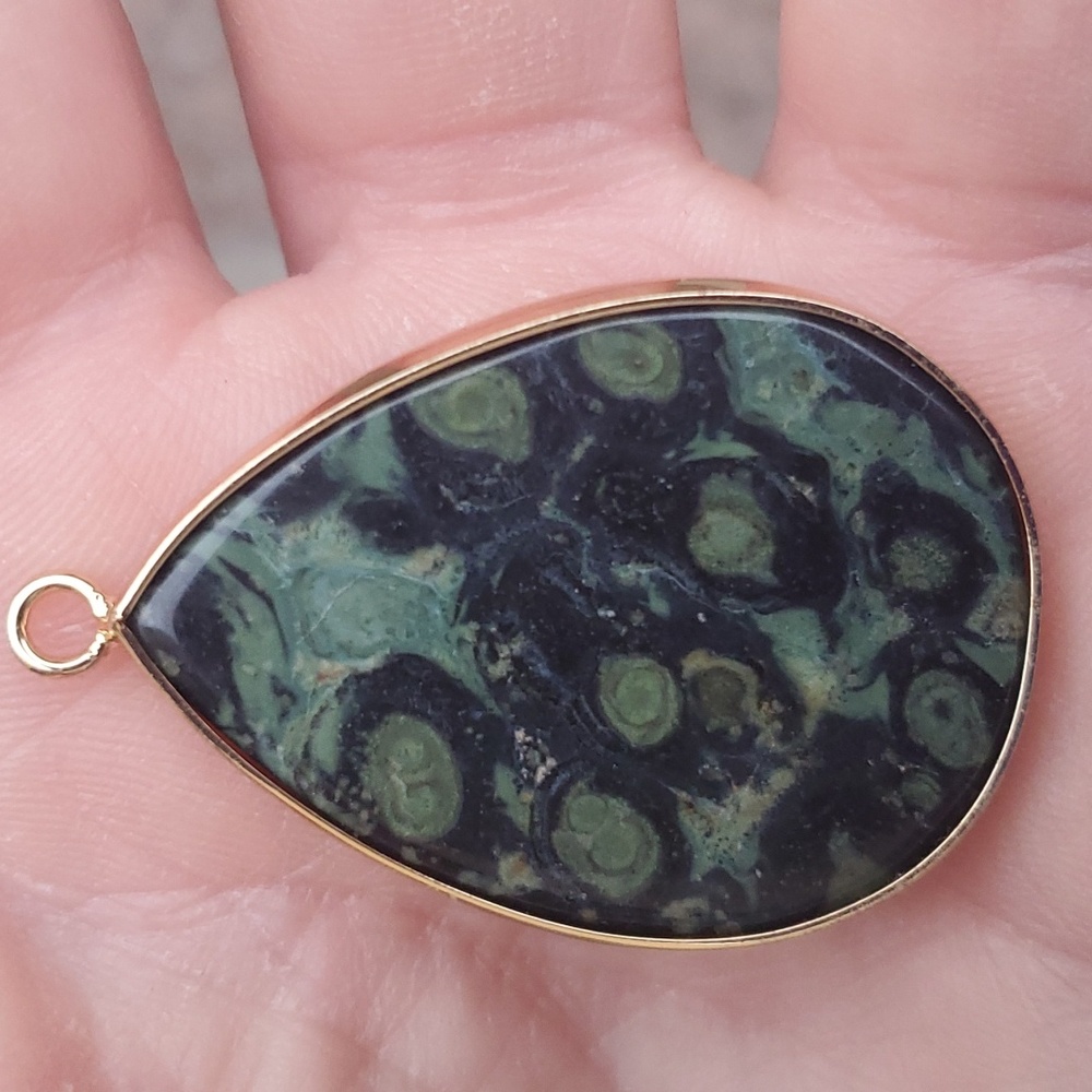 New Gold Wrapped Kambaba Jasper Teardrop Unisex Pendant.